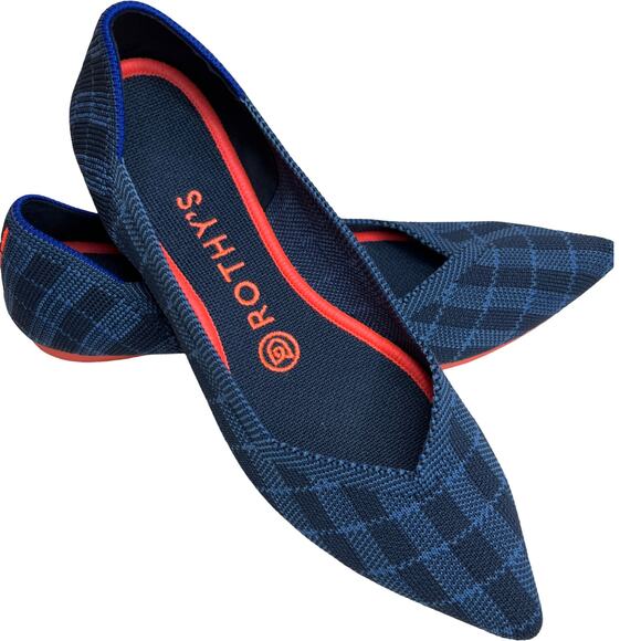 Rothy’s The Point Flats Navy Check Knit Blue Red Sole Women’s Size 8 Shoes - Picture 1 of 10